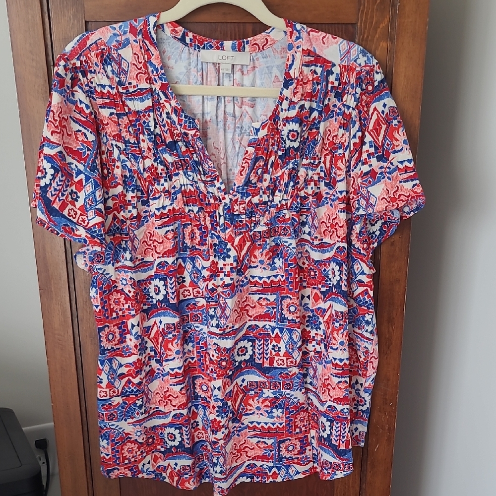 LOFT Red and Blue Patterned Blouse